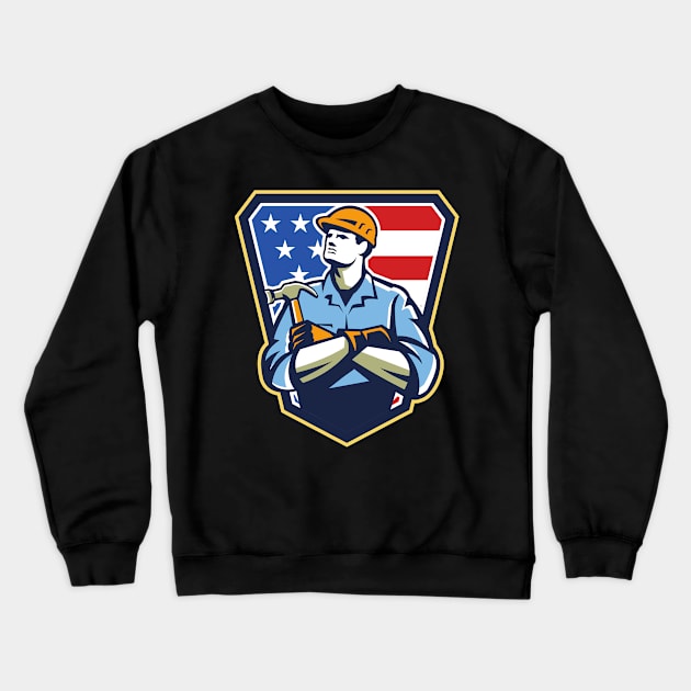 Retro style illustration of American builder, carpenter, construction worker with hammer arms crossed with United States of America USA star | Gift idea Crewneck Sweatshirt by French Culture Shop